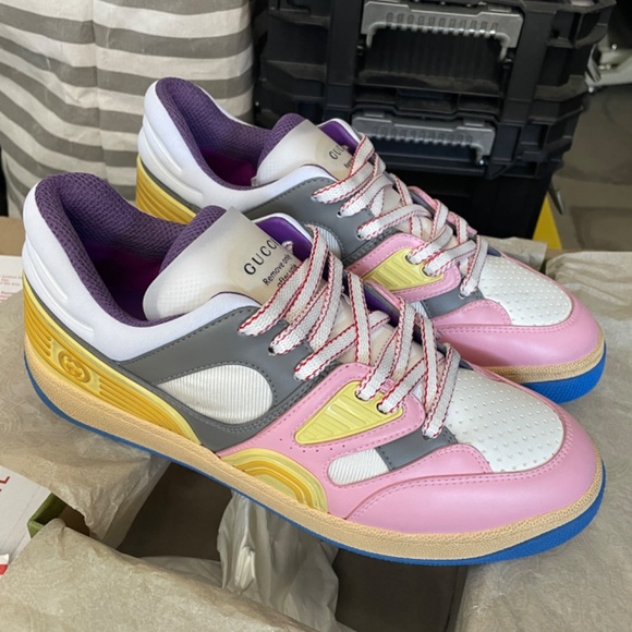 NEW GUCCI Basket Panelled Low-Top Sneaker in Pastel Pink Yellow White Demetra 40 - Picture 13 of 14